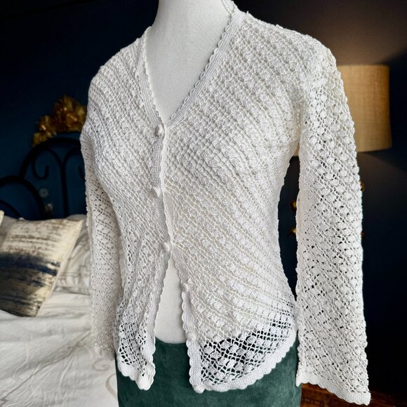Vintage Crochet White Cottagecore Cardigan - Picture 3 of 13